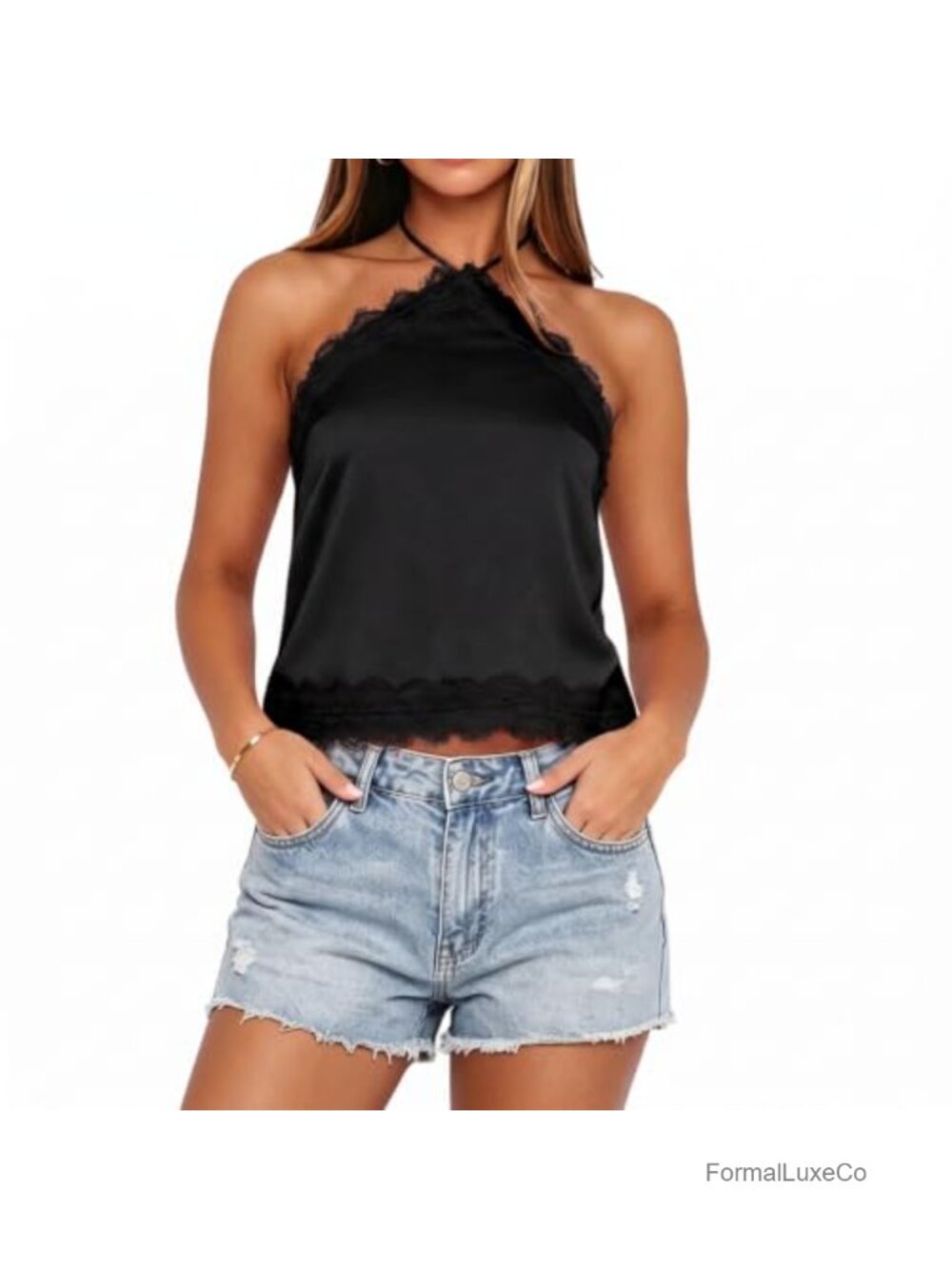 Satin Lace Trim Halter Top Tie Back Open Back Sleeveless Cami